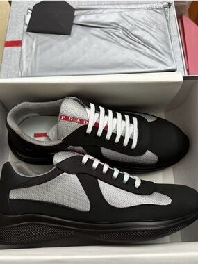 Prada Black and Gray Men’s Low-Top Sneakers with Red Logo